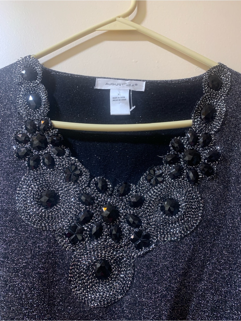 august silk black jeweled knit midi dress with metallic thread